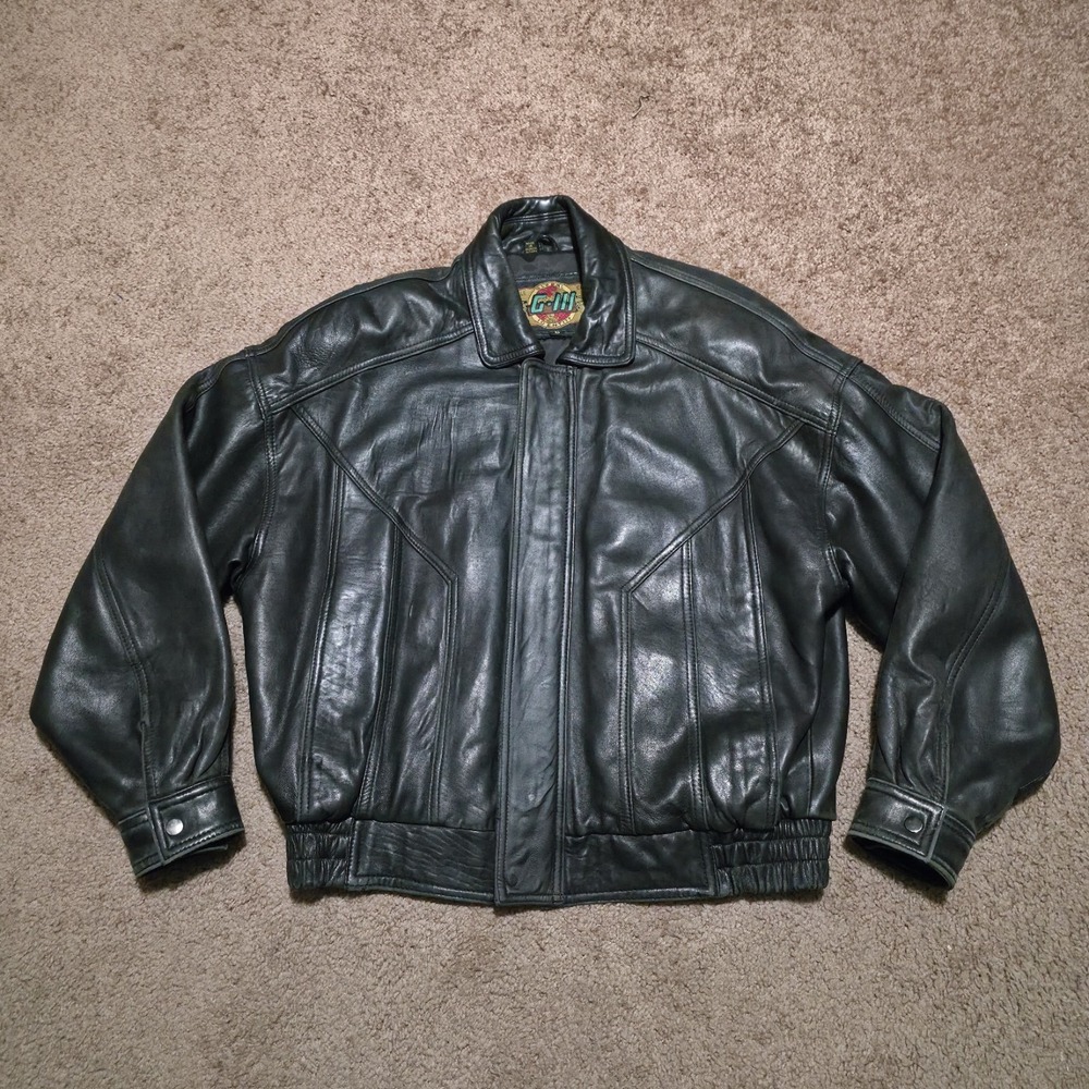 Global Identity G-III Black Leather Moto Mens Large Bomber Jacket Biker Coat - Picture 3 of 12